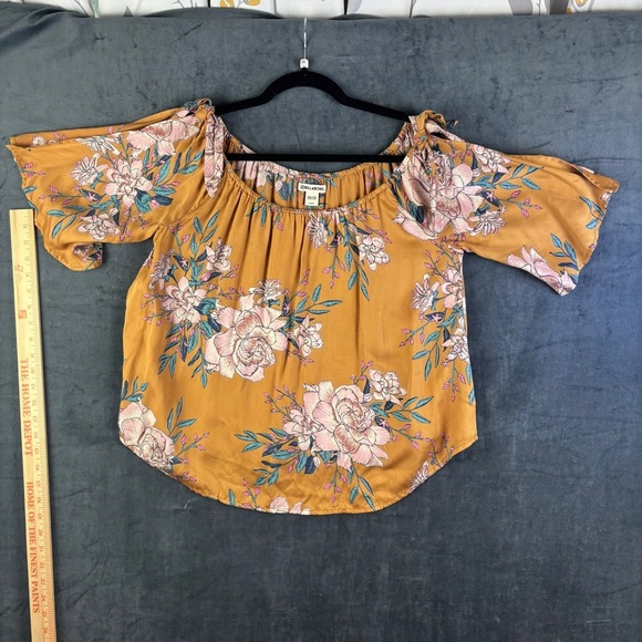 Billabong Yellow Pink Ruffled Puff Sleeve Off Shoulder (or not) Blouse Sz L - Picture 3 of 16